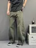 Calça casual de perna larga com textura macia e design retrô para homens e mulheres, calça de trabalho vintage verde militar, calça curva de corte solto