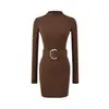 Vestido Corto Bodycon Ajustado Sexy de Manga Larga sin Dedos de Cuello Alto Estilo Puro Deseo con Cinturón, Nuevo Otoño e Invierno Chica Popular