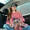 Camiseta casual de algodón puro con estampado girly, juvenil, corte holgado para mujer, top muy popular con bloques de color y salpicaduras de tinta, longitud media, corte ajustado para usar como prenda exterior
