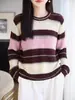 Nueva colección otoño e invierno 2026: Suéter de lana de punto fino con cuello redondo, manga larga, bloques de color para mujer, calado, top base de ajuste holgado