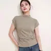 Camiseta de manga corta con cuello medio de mezcla de lana Otoño Temprano 2026 Top Básico de Alto Nivel Ajustado