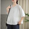 Jaqueta Camisa de Linho Nova de Verão com Bolso Duplo Feminina de Meia Manga Solta Emagrecedora Retro Casual Redutora de Idade Cardigan