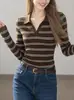 Camiseta de punto informal de manga larga con cuello en V estilo coreano para mujer, para principios de otoño, adelgazante, POLO, a rayas, versátil, con temperamento