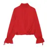 Moda feminina europeia e americana verão novo estilo blusa semi-transparente com gola alta e manga lanterna plissada decorada com laço
