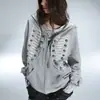 Moletom com Zíper e Decoração Metálica Estilo Gótico Harajuku Estilo Ins Y2K Hip-Hop Casual para Mulheres