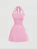 Vestido de Color Sólido con Pliegues y Espalda de Atar sin Tirantes para Mujer, Moda Casual sin Mangas, Corte A Corto, Rosa