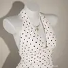 2026 Estilo Europeu Alça no Pescoço Poá Camiseta Feminina Emagrecedora Decote V Sem Mangas Curta Bandeau Estilo Garota Apimentada