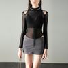 Malla Negra con Ranuras Superior Sexy Europeo y Americano Micro-transparente Spice Girls Manga Larga Baile Yoga Fitness Camiseta