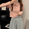 Diseño de Verano 2024 Camiseta de Punto Fino Holgada de Solapa y Manga Corta para Mujer, Top Corto Slim de Cintura Alta para Mujer