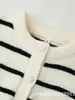 Ins Cruzado Feminino Outono Novo Estilo Europeu e Americano Design Estilo Bolso Manga Longa Gola Redonda Listrado Malha Suéter Casaco