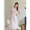 Vestido de Verano con Escote en V de Encaje Floral Hombro Corto para Mujer Tallas Grandes Holgado Adelgazante de Longitud Media 63839