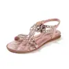 Sandálias Bohemian Style com Strass para Verão 2026 para Mulheres Bico Redondo Sandálias Casuais Sapatos Planos de Praia para Mulheres
