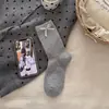 Calcetines grises de media pantorrilla con rayas, calcetines de algodón puro para mujer, bordados con un lazo, estilo escolar, estilo primavera y otoño, calcetines largos coreanos, algodón peinado