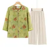 Conjunto de camisa transpirable de manga corta para mujeres mayores en verano, conjunto ligero de dos piezas de blusa de brocado fino para mujeres de 70-80 años