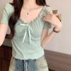 Camiseta de manga corta con cuello en U y hombros descubiertos para mujer, estilo occidental, de verano, de alta gama, ajustada, adelgazante, estilo Spice Girl.
