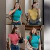 Camiseta Corta Sexy Pura Estilo Europeo y Americano para Mujer Color Sólido Cuello Alto Medio Chica Picante Ajustada Top de Verano Manga Corta Camisa Versátil