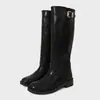 Botas Botas Femininas Za2024 Outono e Inverno Novo Preto Fivela Decorada Cano Longo Bico Redondo Salto Grosso Botas Calça Moda Botas para Mulheres