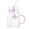 Taza de Agua Tridimensional de Vidrio de Borosilicato Transfronteriza Taza con Popote de Mariposa Taza de Leche Taza de Vidrio Transparente Taza de Jugo de Una Sola Capa