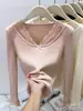 Suéter Tricô Renda Branca Decote V Manga Longa Feminino Primavera Cedo Slim Fit Camada Interna Camisa Base Fio Cardado Top Pura Desejo