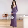 Vestido de tricô rendado sexy para mulheres 2026 outono e inverno conjunto de vestido com cardigã de manga longa e vestido longo de tule com alça roxa