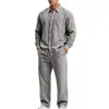 Amazon Moda Traje de Lino Europeo y Americano Sencillo Casual Camisa de Manga Larga con Cuello de Solapa y Pantalón Recto Conjunto de Dos Piezas