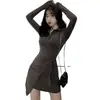 Vestido de cor lisa com gola polo de botões e cadarço, de temperamento sexy, para mulheres, Primavera Outono Inverno, Emagrecedor, Cintura Marcada, Camada Base, Justo no Quadril, Saia Curta