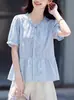 Camisa Elegante e Estilosa com Gola Franzida de Manga Curta para Mulheres, Nova Moda Verão 2026 com Barra Patchwork, Top que Esconde a Barriga e Emagrece