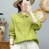 Camisa de manga comprida em gaze de algodão de dupla camada estilo japonês para mulheres, macia e amiga da pele, algodão puro, design de gola alta, top com bolso grande