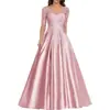 Vestido de Noche Formal Europeo y Americano Comercio Exterior Vestido Largo Formal de Noche Aplique de Encaje Vestido de Graduación Manga Corta Vestido para Madrina de Boda Mujer