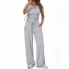 2026 Amazon estilo europeo y americano simple cuello redondo manga corta cordón pierna ancha pantalones casual conjunto de dos piezas para mujer en stock