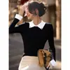 Top de punto negro de manga larga, ajustado, con cuello, de imitación dos piezas para mujer, Otoño 2026