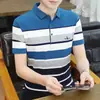 Nova polo masculina de verão listrada, manga curta, colarinho de abas, casual de negócios, respirável, top de algodão absorvente de suor para pais de meia-idade
