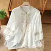 Camisa de Algodón Lino con Bordado Artístico Pesado Estilo Retro de Verano 2026 para Mujer, Camisa Holgada Adelgazante, Top Delgado Elegante