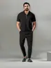 Verano Nuevo Estilo Europeo y Americano Comercio Transfronterizo Comercio Exterior Conjunto de Traje para Hombre Color Sólido Waffle Solapa Manga Corta Cremallera Pantalones Largos