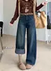 Foto Real Outono e Inverno Retrô Forrado com Lã Espessado Design de Cimitarra Calça Jeans de Perna Larga para Mulheres Cintura Alta Slim Reta Longa