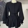 Vestido Redondo de Manga de Farol Estilo Hepburn Francés para Mujer 2026 Primavera Otoño Nuevo Traje Vestido de Cintura Ajustada con Cordones de Temperamento