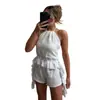 60215 Amazon Nuevos Llegados Primavera y Verano para Mujer Sexy Ajustado Sin Espalda Borla Europeo y Americano Cuello Halter Conjunto de Shorts para Mujer