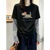 Camiseta de Algodão Puro Falsa Duas Peças Patchwork Listrado Manga Longa Feminina Outono Solta Emagrecedora Camada Base Top Estiloso Cor de Café