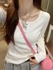 Camiseta Básica de Manga Larga Botones Casual Simple de Algodón Puro para Mujer, Estilo Coreano Primavera y Otoño, Cuello Semiabierto