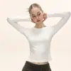 Top Base de Manga Larga Hombro Recto Blanco para Mujer, Otoño Estilo Americano Cuello Redondo Básico Ajustado Corto Versátil