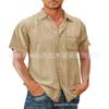 Camisa de Verano 2022 de Color Sólido con Cuello Solapa, de Pie, con Bolsillo Nuevo, de Botones, Manga Corta para Hombre