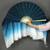 Abanico de Danza Clásica Estilo Chino Doble Cara de Seda Alargado Gradiente Azul Tinta Luna Solitaria