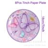 Coroa Roxo Borboleta Descartável Utensílios de Mesa Conjunto Festa de Aniversário Suprimentos Decoração Festa Bandeja de Papel Bandeira Suporte de Bolo