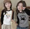 Camiseta de Manga Larga de Algodón Puro con Bloques de Color de Dibujos Animados para Niñas, Camiseta Básica Versátil Informal de Patchwork para Niños de Primavera y Otoño, Moderna