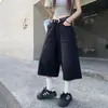 Pantalones cortos de mezclilla lavada negros estilo retro americano talla grande para mujer, verano holgados versátiles de pierna recta casuales de pierna ancha