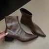 Botines de punta gruesa estilo coreano, de temporada, para mujer, primer encuentro, botines marrones de invierno ajustados, botines elásticos versátiles, botines ajustados de tacón bajo