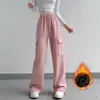 Pantalones de Trabajo Estilo Americano con Forro de Polar, Nuevos Pantalones Deportivos Casuales de Pierna Recta para Primavera, Pantalones Rojos de Pierna Ancha Adelgazantes de Cintura Alta para Mujer