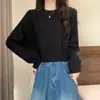 Suéter macio e aconchegante com gola redonda para mulheres, novo estilo outono e inverno, corte casual solto, pulôver emagrecedor, top de tricô curto de manga longa para mulheres