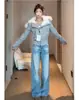 Jeans Retro Americanos de Color Claro Estrechos y de Pierna Ancha para Mujer, Nuevo Diseño de Cintura Alta para Otoño e Invierno con Bordado, Pantalones Rectos de Largo hasta el Suelo