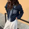Novo design estilo coreano, outono/inverno, com gola, cardigã de malha jeans patchwork, modelagem solta, peça externa da moda, suéter para mulheres
